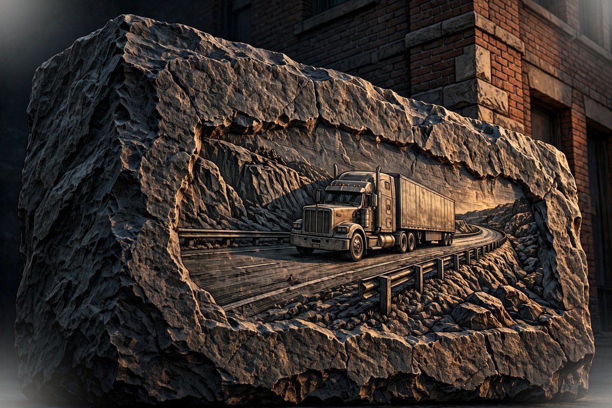 Cornerstone Dispatch — granite cornerstone with a semi truck